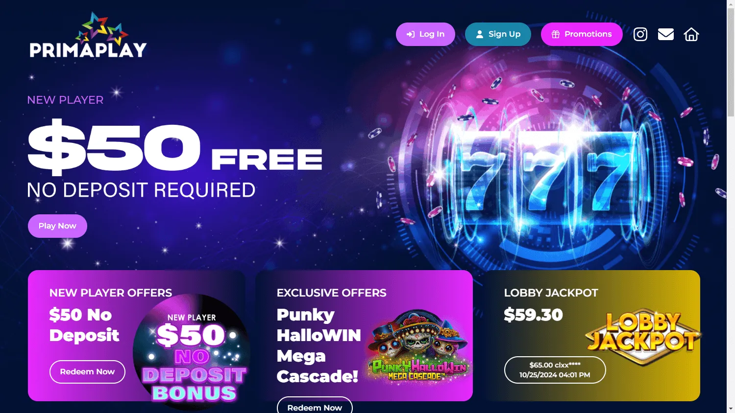 Primaplay Casino desktop home experience