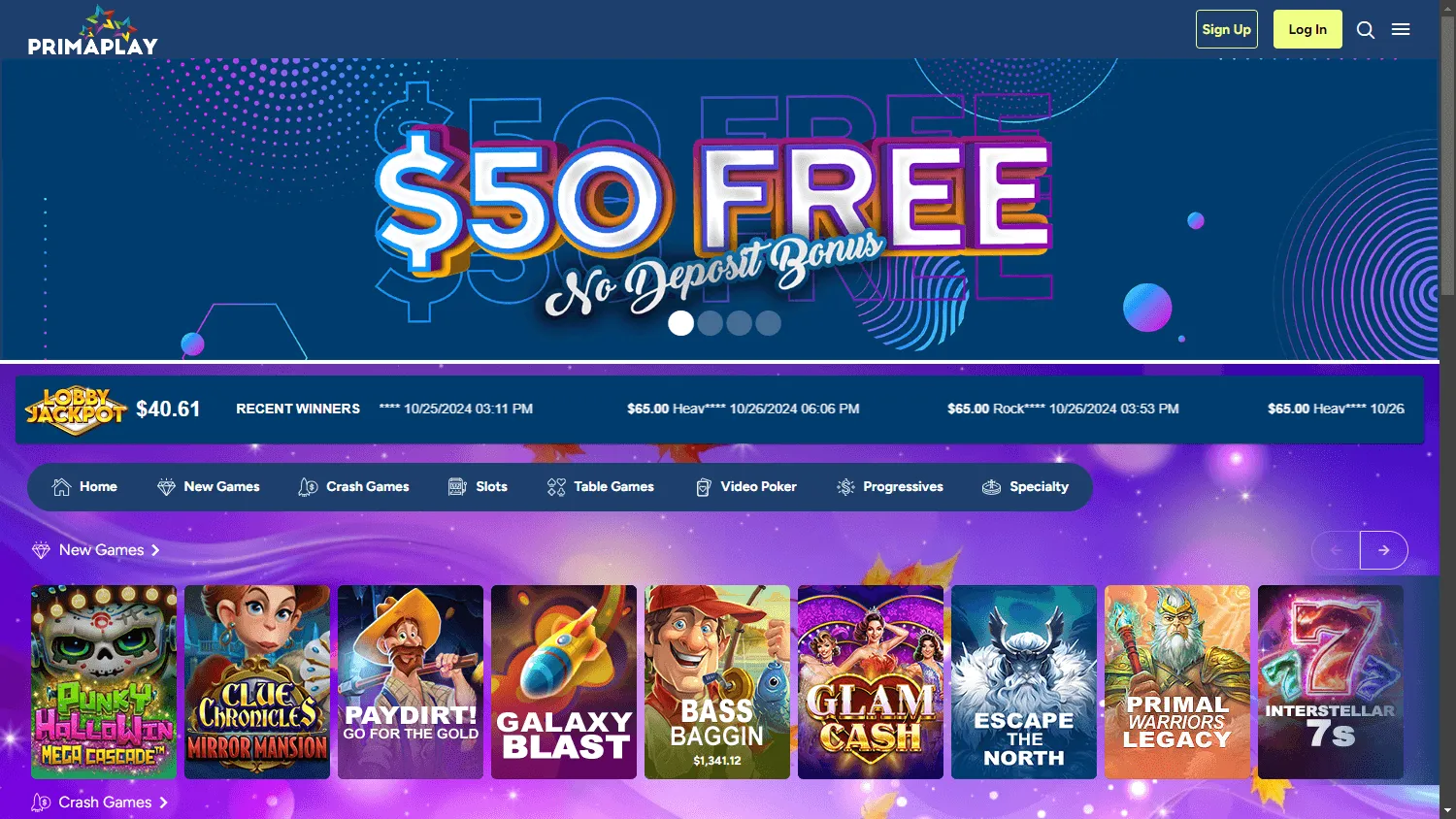 Primaplay Casino desktop game categories and titles