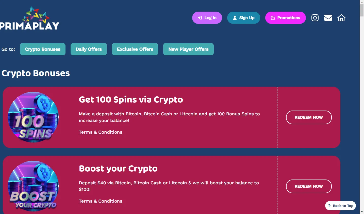 Primaplay Casino desktop promotions and recurring offers